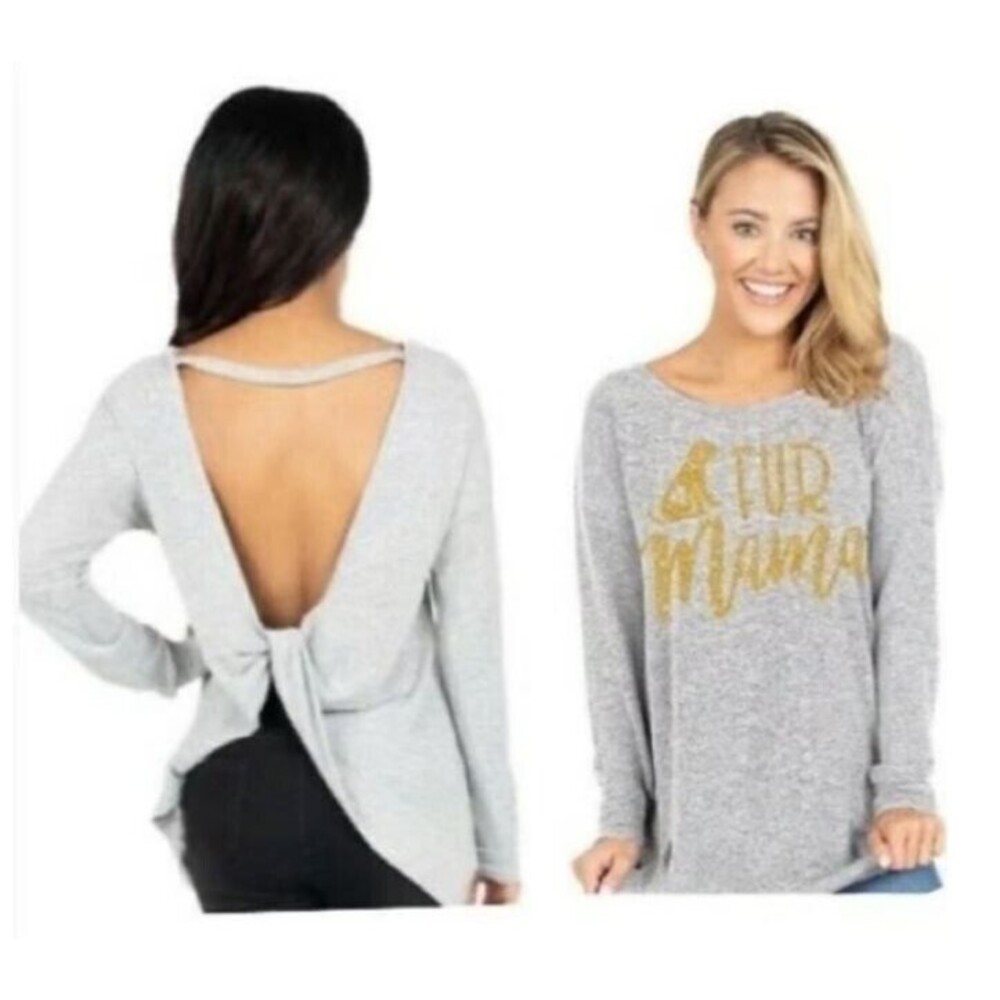 Simply Southern Top NWT Grey Fur Mama Pullover Long Sleeve Open Back Size L
